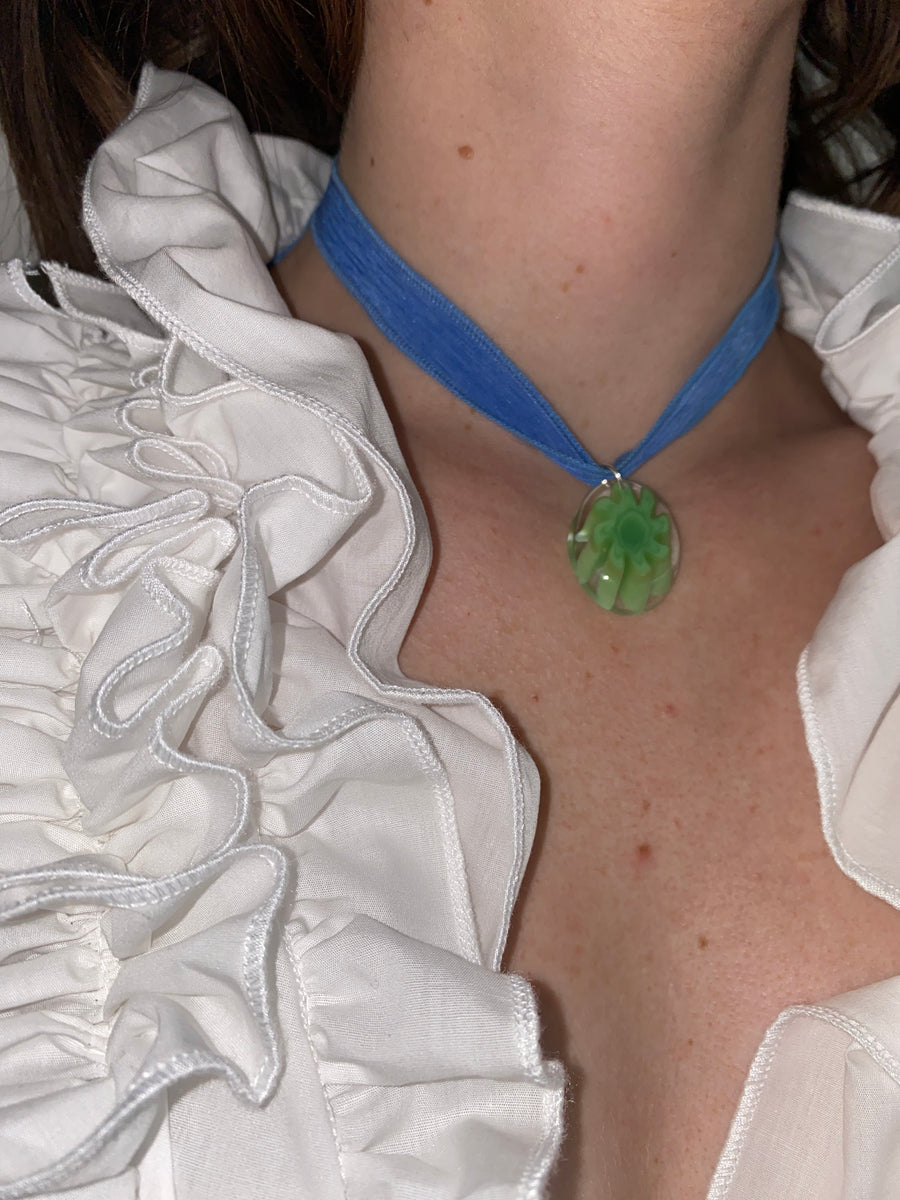 Green Glass and Blue Silk Ribbon